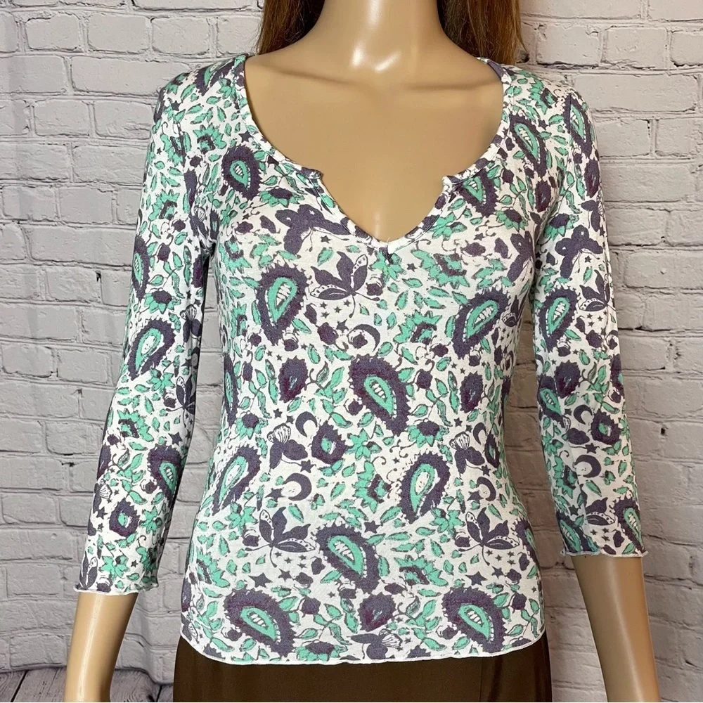 New Free People Paisley Rayon Split V-Neck 3/4 Sleeve Top Size S